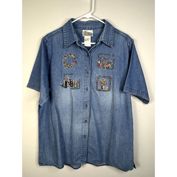 Vintage Womens Denim Shirt Sz XL Button Up Top Embroidered Garden Short Sleeve - Picture 1 of 12